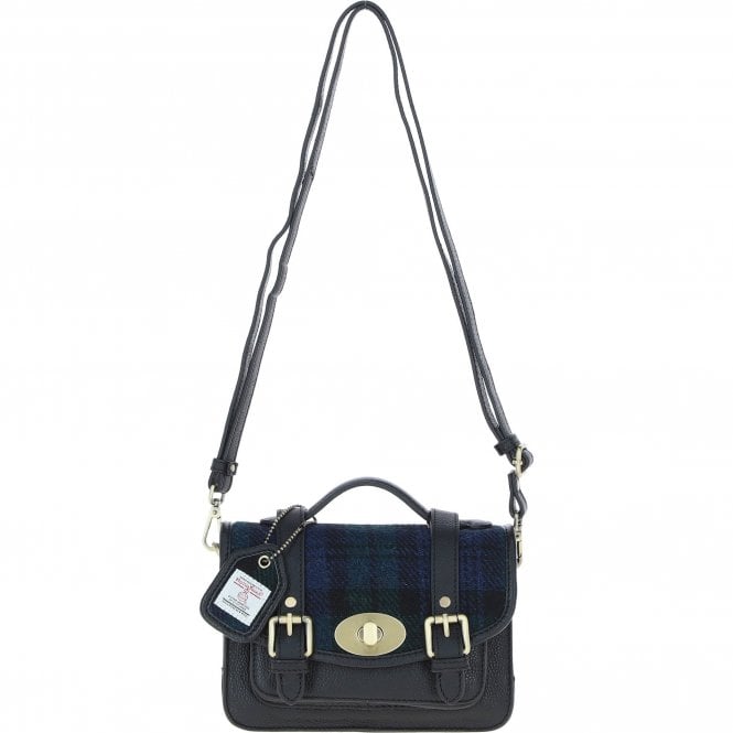 Ashwood Leather & Harris Tweed® Cloth Small Satchel Bag with Twist Lock Black/Watch: TW-33-03-BW