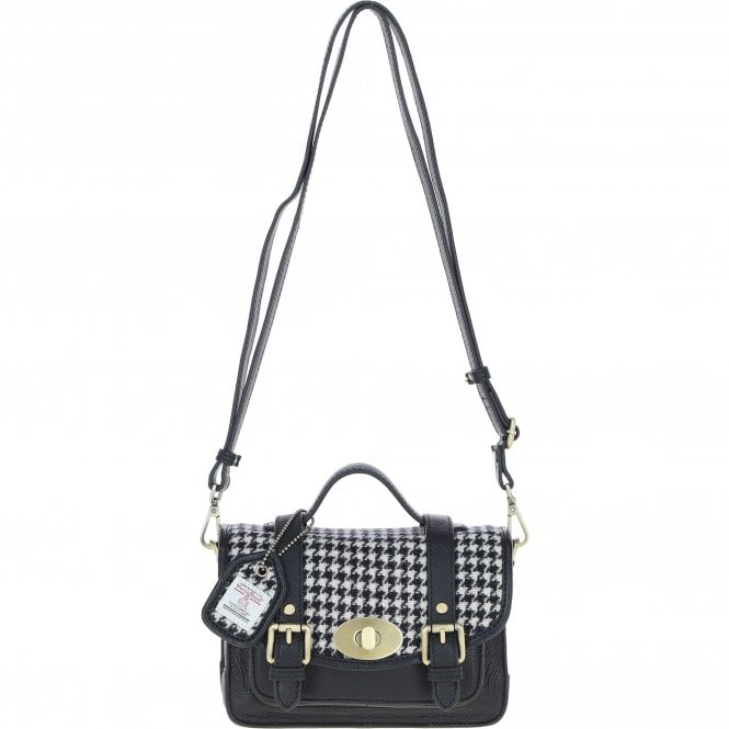 Ashwood Leather & Harris Tweed® Cloth Small Satchel Bag with Twist Lock Black/White: TW-33-012-BW