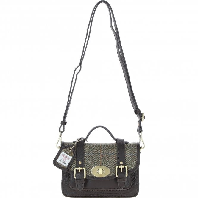Ashwood Leather & Harris Tweed® Cloth Small Satchel Bag with Twist Lock Brown/Green: TW-33-09-BG