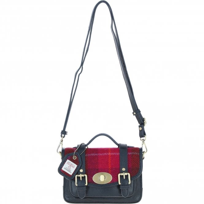 Ashwood Leather & Harris Tweed® Cloth Small Satchel Bag with Twist Lock Navy/Pink: TW-33-06-NP