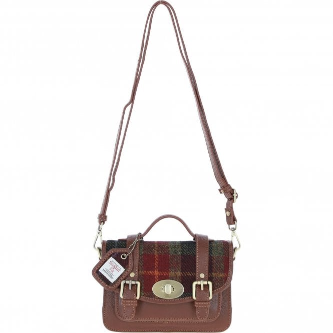 Ashwood Leather & Harris Tweed® Cloth Small Satchel Bag with Twist Lock Tan/Green/Red: TW-33-08-TR