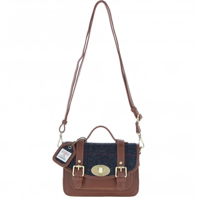 Ashwood Leather & Harris Tweed® Cloth Small Satchel Bag with Twist Lock Tan/Navy: TW-33-011-TN