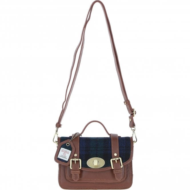 Ashwood Leather & Harris Tweed® Cloth Small Satchel Bag with Twist Lock Tan/Watch: TW-33-04-TW