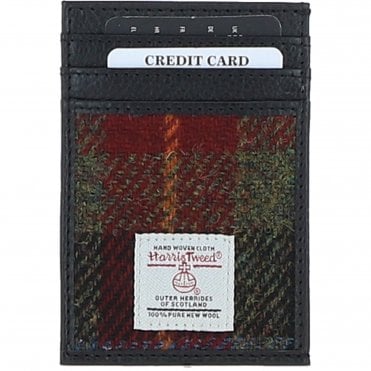 Ashwood Leather & Harris Tweed® Cloth Stylish Flat Card Holder Black/Green/Red: TW-52-07-BR