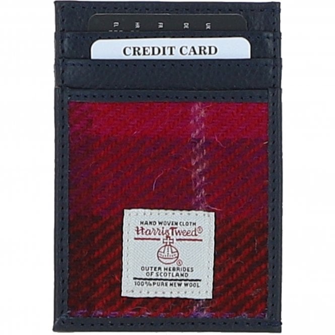 Ashwood Leather & Harris Tweed® Cloth Stylish Flat Card Holder Navy/Pink: TW-52-06-NP