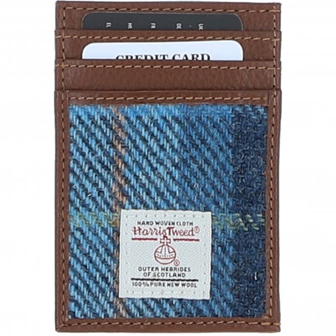 Ashwood Leather & Harris Tweed® Cloth Stylish Flat Card Holder Tan/LT Blue: TW-52-05-TB