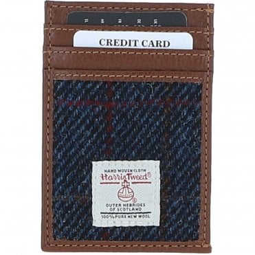 Ashwood Leather & Harris Tweed® Cloth Stylish Flat Card Holder Tan/Navy: TW-52-11-TN