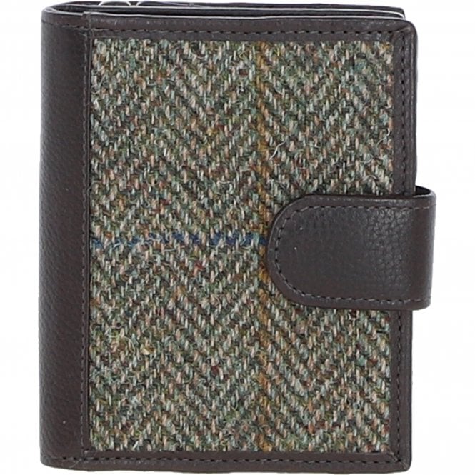 Ashwood Leather & Harris Tweed® Cloth Three compartment wallet Brown/Green: TW-12-09-BG