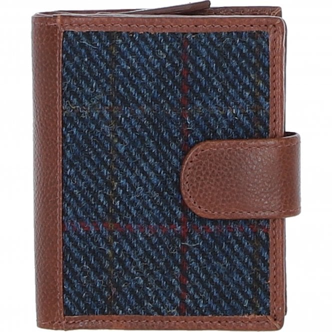 Ashwood Leather & Harris Tweed® Cloth Three compartment wallet Tan/Navy: TW-12-011-TN