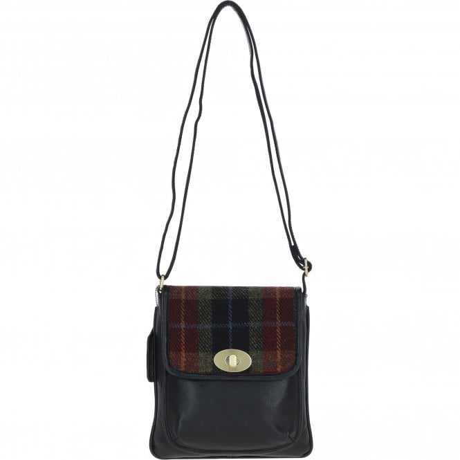 Ashwood Leather & Harris Tweed® Cloth Twist Lock Crossbody Bag Black/Green/Red: TW-31-07-BR