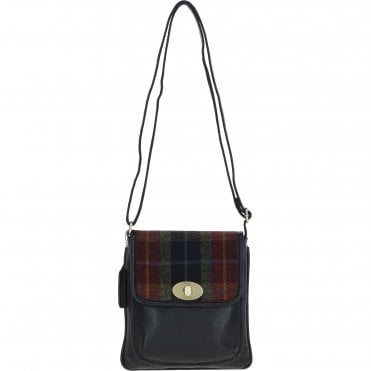 Ashwood Leather & Harris Tweed® Cloth Twist Lock Crossbody Bag Black/Green/Red: TW-31-07-BR