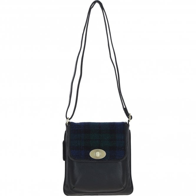 Ashwood Leather & Harris Tweed® Cloth Twist Lock Crossbody Bag Black/Watch: TW-31-03-BW