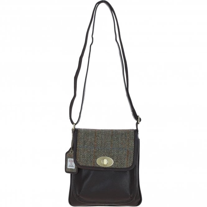 Ashwood Leather & Harris Tweed® Cloth Twist Lock Crossbody Bag Brown/Green: TW-31-09-BG