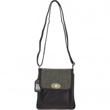 Ashwood Leather & Harris Tweed® Cloth Twist Lock Crossbody Bag Brown/Green: TW-31-09-BG