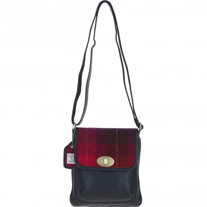 Ashwood Leather & Harris Tweed® Cloth Twist Lock Crossbody Bag Navy/Pink: TW-31-06-NP