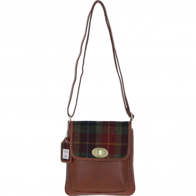 Ashwood Leather & Harris Tweed® Cloth Twist Lock Crossbody Bag Tan/Green/Red: TW-31-08-TR