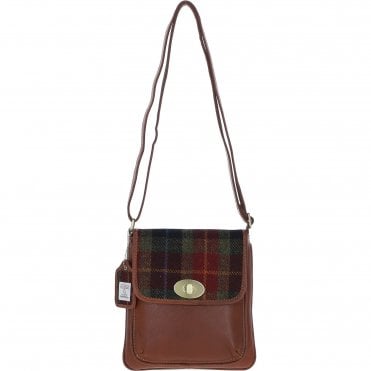 Ashwood Leather & Harris Tweed® Cloth Twist Lock Crossbody Bag Tan/Green/Red: TW-31-08-TR