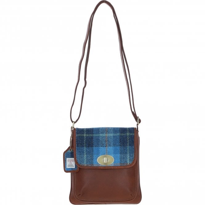 Ashwood Leather & Harris Tweed® Cloth Twist Lock Crossbody Bag Tan/LT Blue: TW-31-05-TB