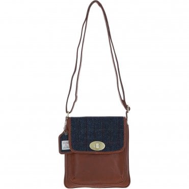 Ashwood Leather & Harris Tweed® Cloth Twist Lock Crossbody Bag Tan/Navy: TW-31-011-TN