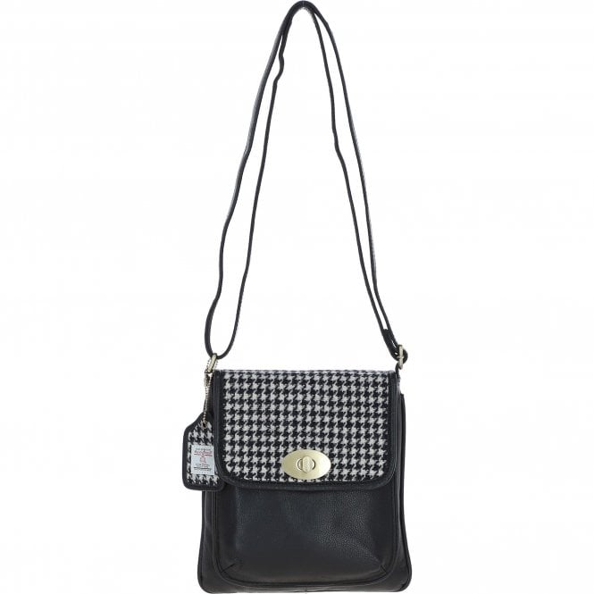 Ashwood Leather & Harris Tweed® Cloth Twist Lock Crossbody BagBlack/White: TW-31-012-BW