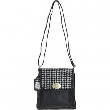 Ashwood Leather & Harris Tweed® Cloth Twist Lock Crossbody BagBlack/White: TW-31-012-BW