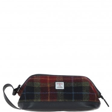 Ashwood Leather & Harris Tweed® Cloth Unisex Washbag Black/Green/Red: TW-40-07-BR