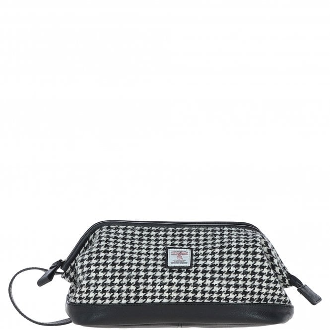 Ashwood Leather & Harris Tweed® Cloth Unisex Washbag Black/White: TW-40-12-BW