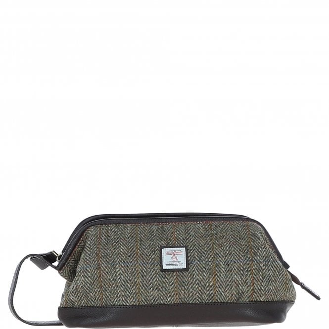 Ashwood Leather & Harris Tweed® Cloth Unisex Washbag Brown/Green: TW-40-09-BG