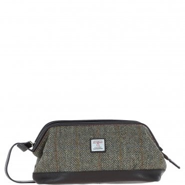 Ashwood Leather & Harris Tweed® Cloth Unisex Washbag Brown/Green: TW-40-09-BG