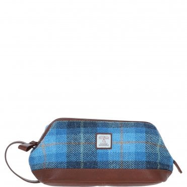 Ashwood Leather & Harris Tweed® Cloth Unisex Washbag Tan/LT Blue: TW-40-05-TB