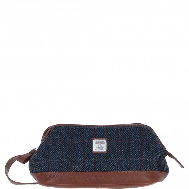 Ashwood Leather & Harris Tweed® Cloth Unisex Washbag Tan/Navy: TW-40-11-TN