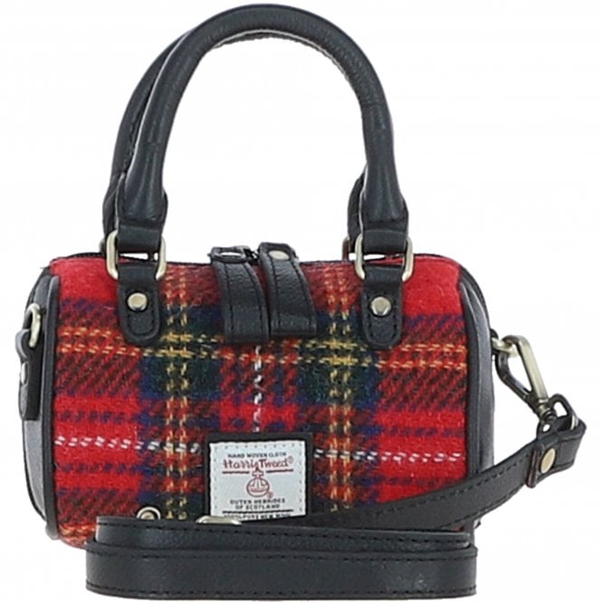 Ashwood Leather & Harris Tweed® Cloth X-Small Barrel Bag Black/Red: TW-60-14-BR