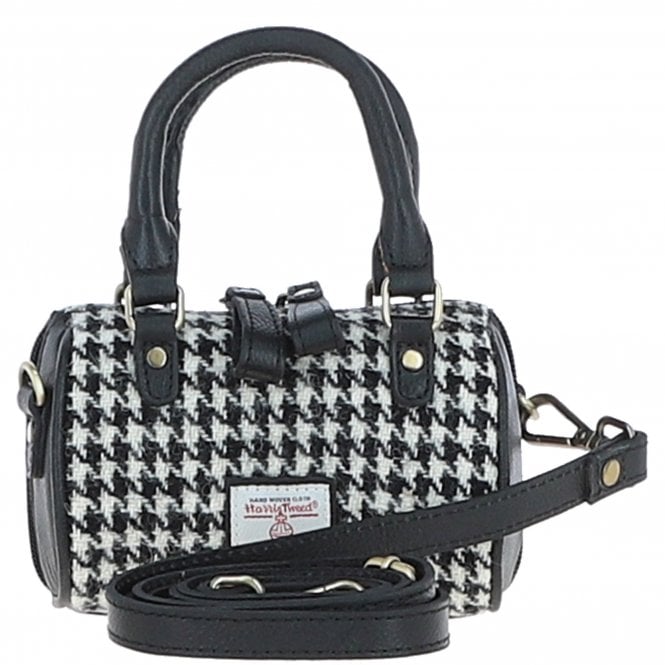 Ashwood Leather & Harris Tweed® Cloth X-Small Barrel Bag Black/White: TW-60-12-BW