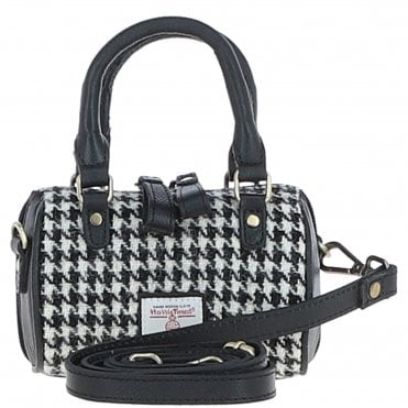 Ashwood Leather & Harris Tweed® Cloth X-Small Barrel Bag Black/White: TW-60-12-BW