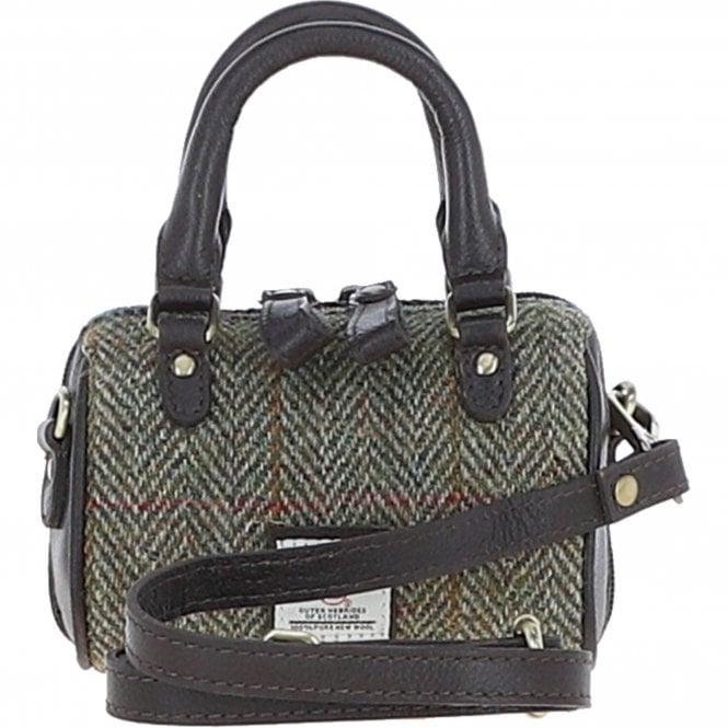 Ashwood Leather & Harris Tweed® Cloth X-Small Barrel Bag Brown/Green: TW-60-09-BG