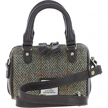 Ashwood Leather & Harris Tweed® Cloth X-Small Barrel Bag Brown/Green: TW-60-09-BG