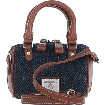 Ashwood Leather & Harris Tweed® Cloth X-Small Barrel Bag Tan/Navy: TW-60-11-TN