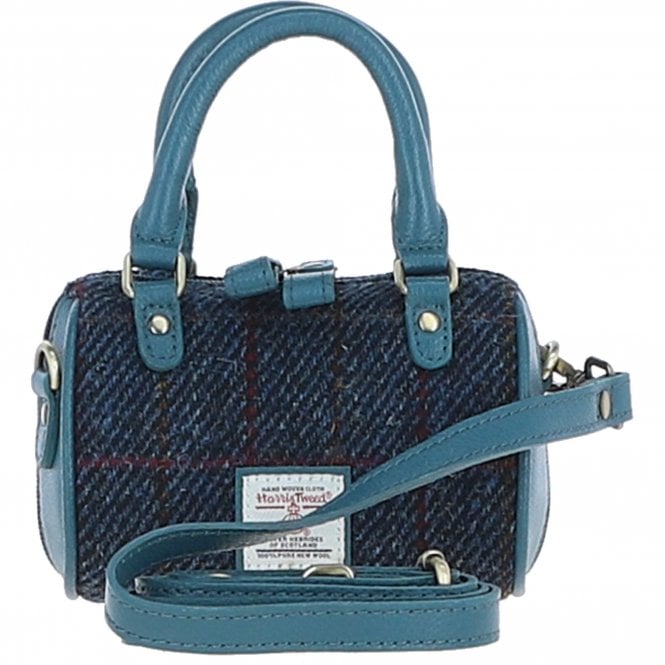 Ashwood Leather & Harris Tweed® Cloth X-Small Barrel Bag Teal/Navy: TW-60-16-TN