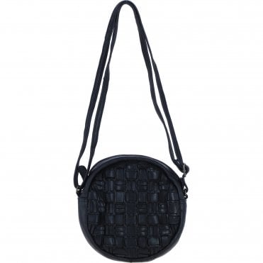 Ashwood Leather Round Woven Design Crossbody Bag with Zip Closure and Adjustable strap in Black: W-23