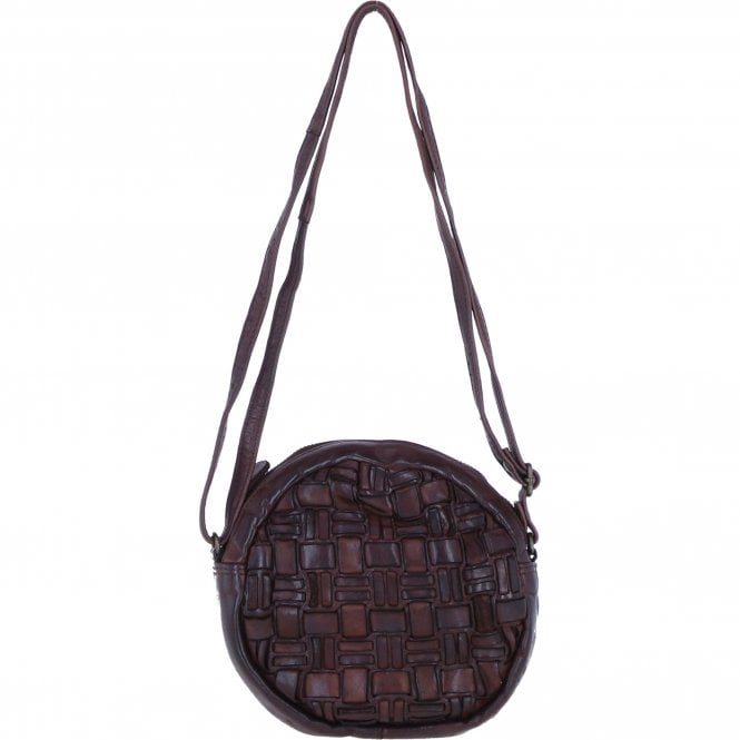Ashwood Leather Round Woven Design Crossbody Bag with Zip Closure and Adjustable strap in Brandy: W-23
