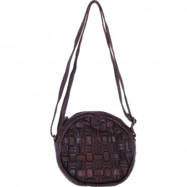 Ashwood Leather Round Woven Design Crossbody Bag with Zip Closure and Adjustable strap in Brandy: W-23