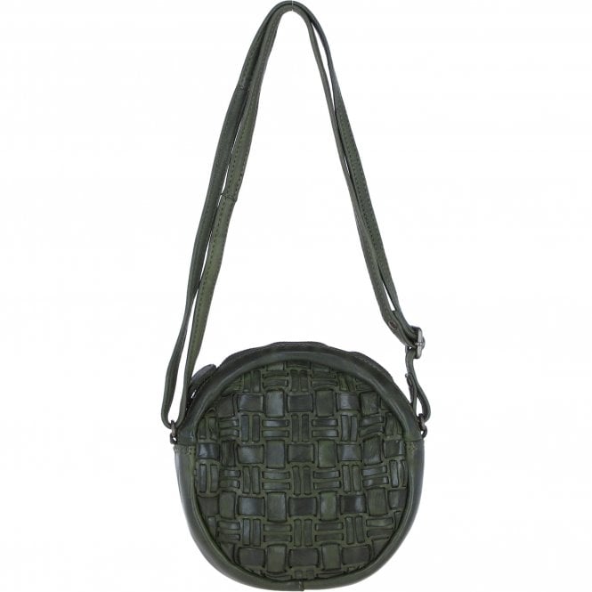 Ashwood Leather Round Woven Design Crossbody Bag with Zip Closure and Adjustable strap in Green: W-23