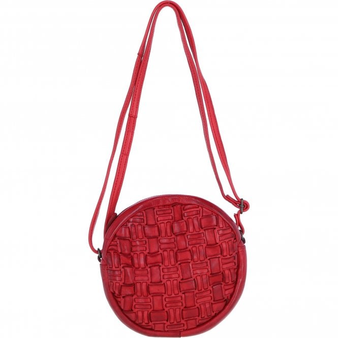 Ashwood Leather Round Woven Design Crossbody Bag with Zip Closure and Adjustable strap in Red: W-23