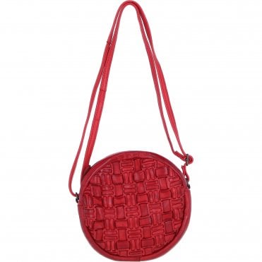 Ashwood Leather Round Woven Design Crossbody Bag with Zip Closure and Adjustable strap in Red: W-23