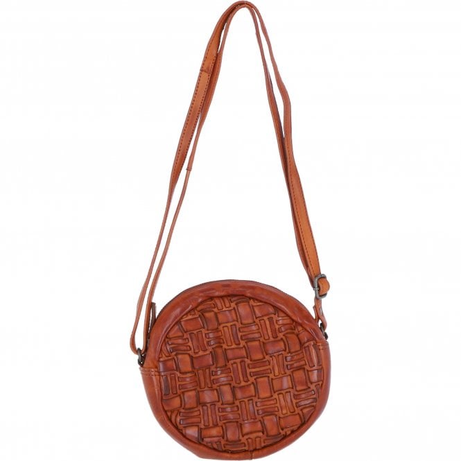 Ashwood Leather Round Woven Design Crossbody Bag with Zip Closure and Adjustable strap in Tan: W-23