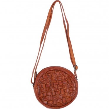 Ashwood Leather Round Woven Design Crossbody Bag with Zip Closure and Adjustable strap in Tan: W-23