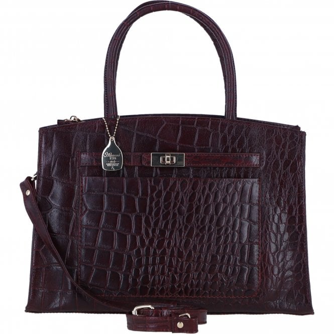 Ashwood Leather Structured Handbag with Detachable Strap and Multiple Compartments in Bordo/Croc: C-76