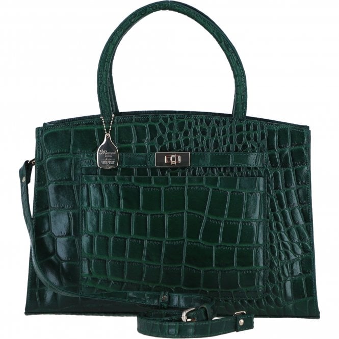 Ashwood Leather Structured Handbag with Detachable Strap and Multiple Compartments in Green/Croc: C-76