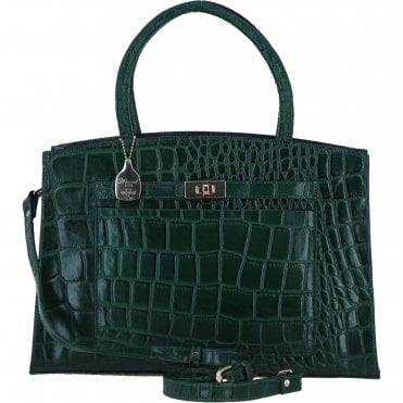Ashwood Leather Structured Handbag with Detachable Strap and Multiple Compartments in Green/Croc: C-76