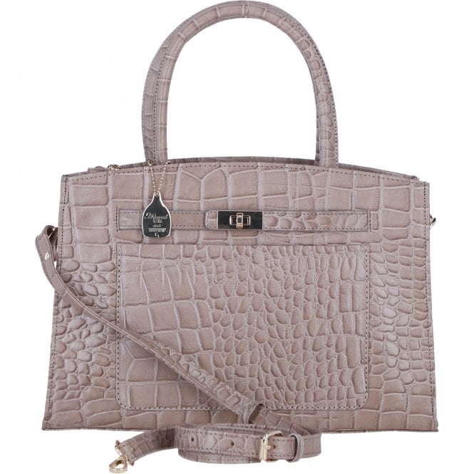 Ashwood Leather Structured Handbag with Detachable Strap and Multiple Compartments in Mushroom/Croc: C-76